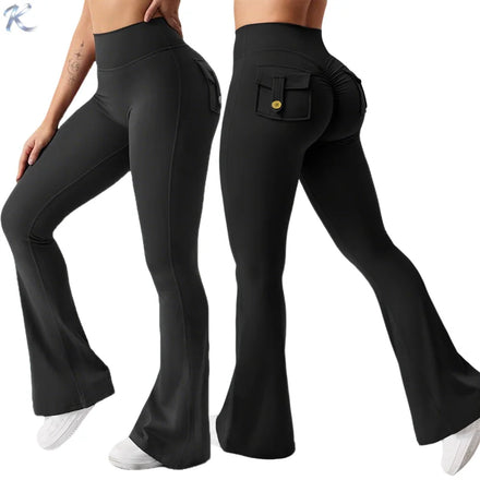 Women High Waisted Tummy Control Ruched 3D Ruched Butt Lift Flare Pockets Leggings Seamless Bootcut Flare Bootcut Leg Yoga Pants