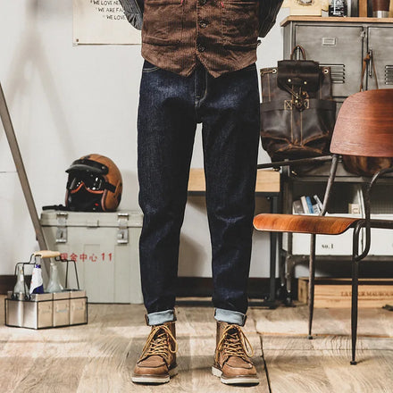 Autumn Men's Straight Tube Denim Pants Retro Heavy Weight Plush Amikaki Long Jeans Casual Style Mid Plain Dyed Color Nonwoven
