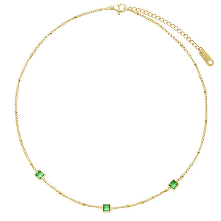 Bling 18k Gold Plated Emerald Crystal Necklaces Stainless Steel Green Cubic Zircon Cz Square Choker Vintage Necklace
