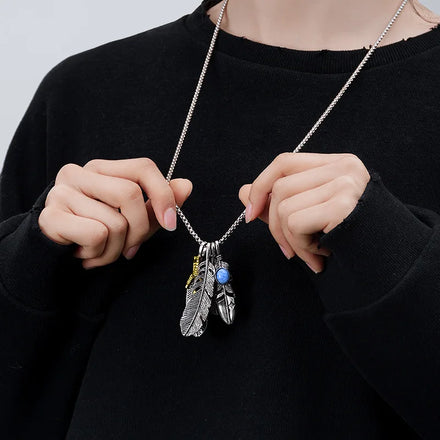 2023 Retro Trendy Titanium Stainless Steel Necklace for Men Hip Hop Feather Pendant Necklace Costume Jewelry