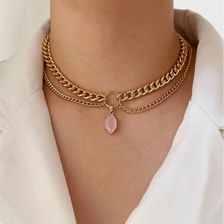 Statement Vintage Designer Double Layered Chain Gems Pendant Choker Necklace Jewelry for Women Jewelry