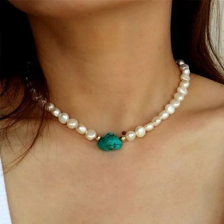 Handmade Classic Gold Plated Vintage Freshwater Pearl Turquoise Beaded Necklace for Women