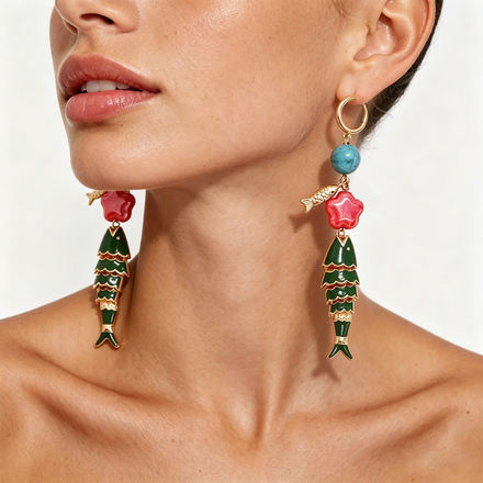 Maiou Trendy Original New Arrival Statement Natural Turquoise Cute Designer Enamel Fish Long Dangle Earrings Jewelry Women