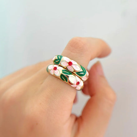 Vintage Designer Fashion Oil-Spot Glaze Flower Rings for Women Gift
