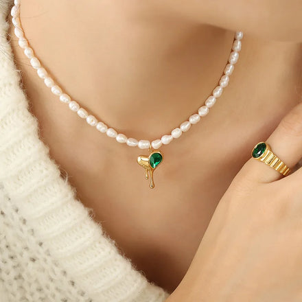 Maiou Cute Trendy Handmade Elegant Handmade Freshwater Pearl Zircon Heart Pendant Necklace for Women Gift Jewelry