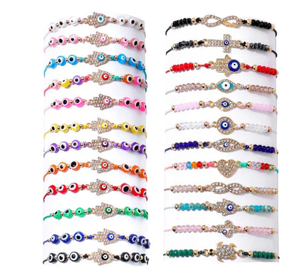 12pcs/card Colorful Glass Beads String Woven Turkish Blue Evil Eye Bracelet Sets Adjustable Rope Lucky Eye Bracelets for Women