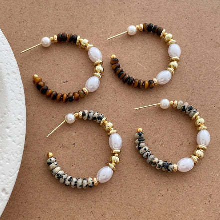 Maiou Trendy Boho Designer Handmade Sweet Cute Gold Plated Natural Stone Tiger Eyes Stone Big Hoop Earrings for Women Ladies