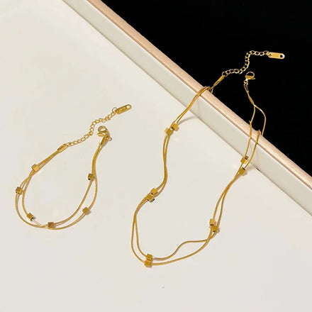 Maiou Elegant Simple Waterproof 18k Gold Plated Stainless Steel Double Layer Snake Chain Bracelet for Women Jewelry