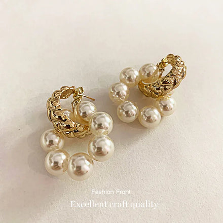 Vintage Designer Gold Plated Imitation Pearl Beaded Hoop Earrings for Women Jewelry Zinc Alloy