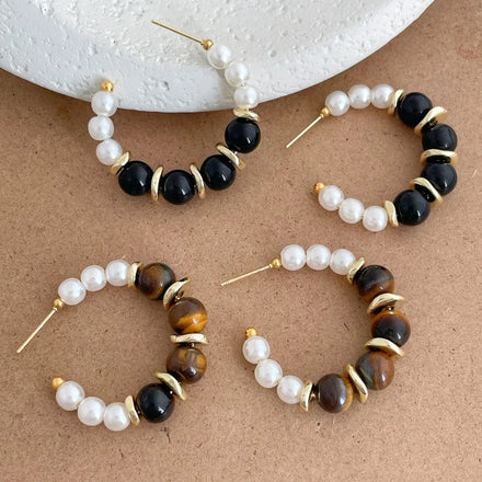 Maiou 2026 New Earrings Designer Vintage Trendy Pearl and Natural Stone Tiger Eyes Stone Hoop Earrings for Women Jewelry