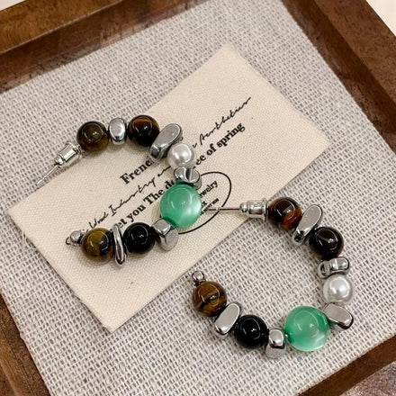 Maiou 2026 New Arrival Designer Natural Stone Tiger Eyes Stone and Green Cat Eyes Stone Hoop Earrings for Women Luxury Jewelry