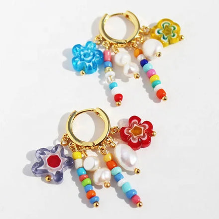 Retro Vintage Brass 18K Gold Plated Freshwater Pearl Beads Flower Huggie Earrings for Women Jewelry