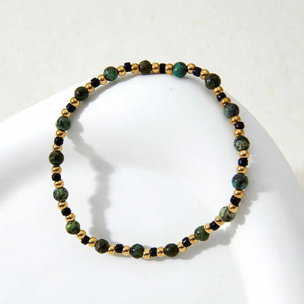 Waterproof Stainless Steel BeadsVintage Designer Ethnic Natural Black Stone Beaded Stretchy Bracelet for Women Ladies Jewelry