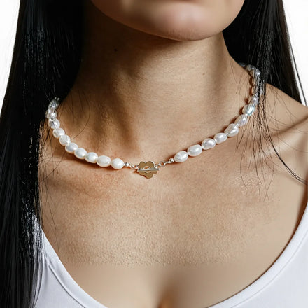 Vintage Classic Brass 18K Gold Plated Freshwater Pearl Beaded Flower Link Choker Necklace for Engagement Party Gift
