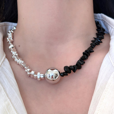 Maiou Designer Trendy Asymmetrical Black and Silver Patchwork Beaded Necklace for Women Handmade Jewelry