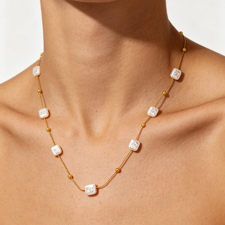 Maiou Waterproof Stainless Steel 18K Gold Plated Vintage Designer Square Faux Pearl Chain Necklace for Women and Girls Jewelry