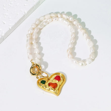 Handmade Vintage Freshwater Pearl Pearl Beaded Big Gold Heart Necklace Jewelry for Women