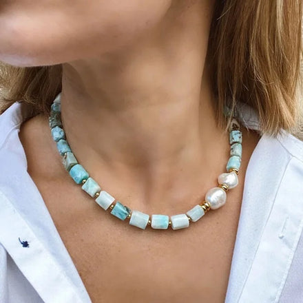 Maiou Handmade Statement Vintage Boho Freshwater Pearl Natural Stone Beaded Necklace Jewelry for Women
