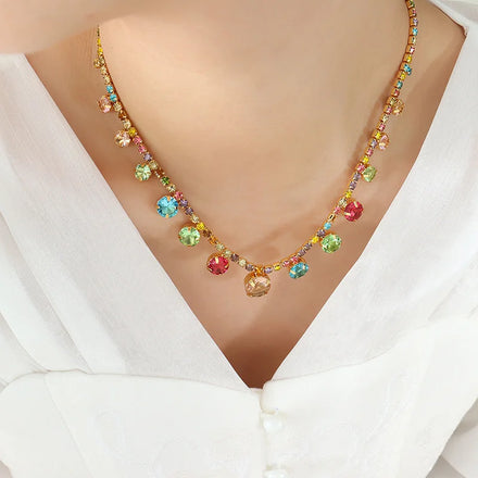 Maiou Luxury Elegant Trendy Waterproof Stainless Steel Colorful Rhinestone Diamond Tennis Chain Necklace for Women