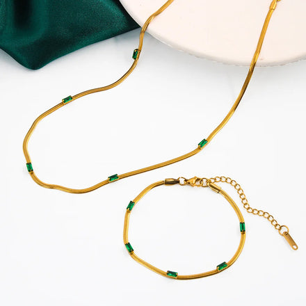 Classic Waterproof New Design 18k Gold Stainless Steel Snake Chain Emerald Zircon Choker Necklace for Women Jewelry