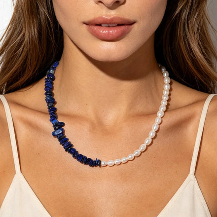 Maiou Handmade Boho Freshwater Pearl Blue Lapis Lazuli Natural Stone Beaded Necklace Jewelry for Women