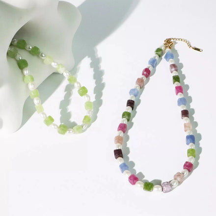 Handmade Vintage Imitation Pearl Multicolor Cubic Natural Stone Beaded Necklace Jewelry for Women