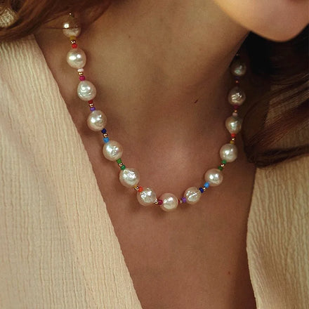 Handmade Vintage Freshwater Pearl Multicolor Beaded Necklace Jewelry for Women