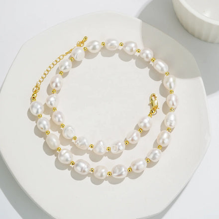 Maiou Designer Classic Elegant Freshwater Pearl Gold Beaded Choker Necklace for Women Handmade Jewelry Wedding Engagement