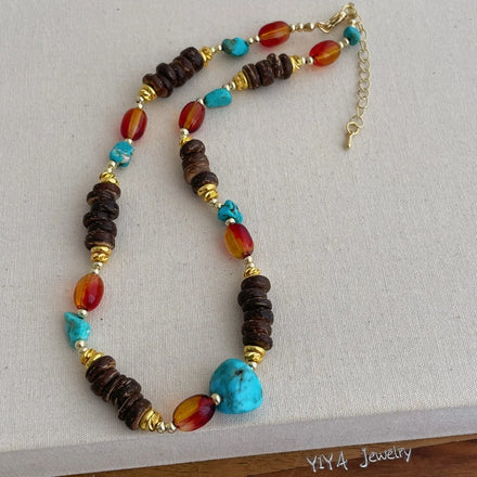 Maiou Designer Boho Handmade Amber Resin Beaded and Turquoise Beaded Choker Necklace Jewelry for Women