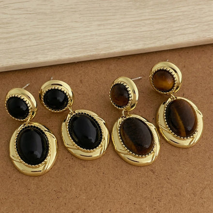 Maiou Statement Designer Trendy 14K Gold Plated Natural Stone Black and Tiger Eye Stone Drop Earrings Jewelry Unisex