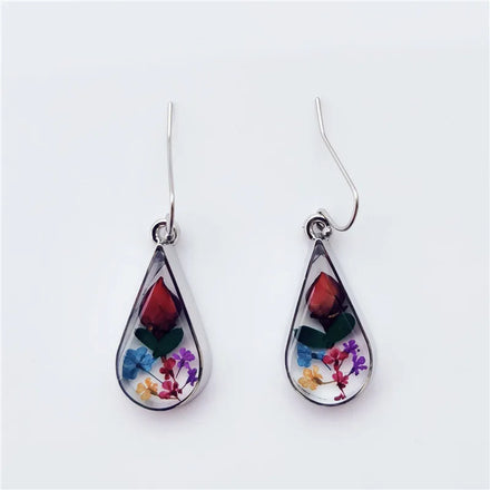 Hot Sale Trendy Drop Shaped Rose Dried Flower Resin Earrings Women Fashion Elegant Flower Jewelry Girls Wholesale