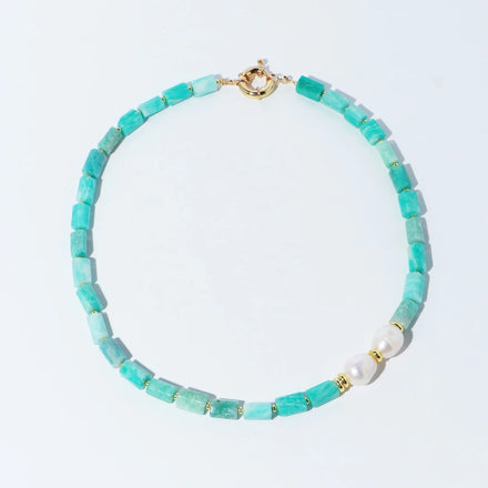 Maiou Handmade Classic Gold Plated Boho Freshwater Pearl Lake Blue Stone Beaded Choker Necklace for Women-Wedding & Party Gift