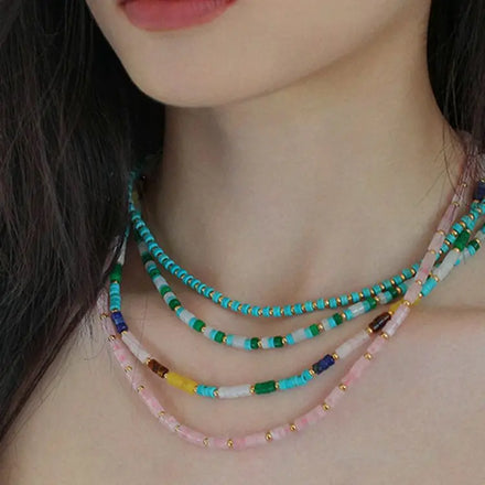 Handmade Candy Color Vintage 18K Gold Plated Natural Stone Seed Beaded Necklace Jewelry for Women