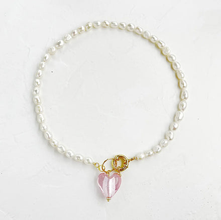 Maiou Sweet Cute Freshwater Pearl Beaded Pink Heart Pendant Necklace for Women Handmade Jewelry