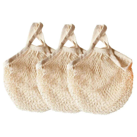 Portable Short Handle Net Tote Bags with Grips Beige Cotton Mesh Letter Pattern Grocery Shopping Bags