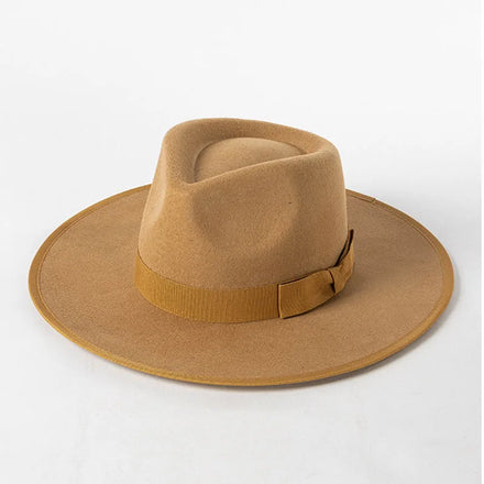 Winter Women Unisex Wide Brim Fedora Wool Felt Hat Bow Casual Outdoor Four Seasons French Elegant Wedding Party 9CM Embossed