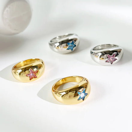 Vintage Cute Stainless Steel 18K PVD Gold Plated Star Diamond Chunky Dome Ring Jewelry for Women and Ladies