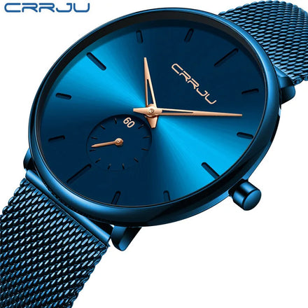 CRRJU 2150 Blue Face Men Watches Fashion Popular Stainless Steel Wristwatches Quartz Watch