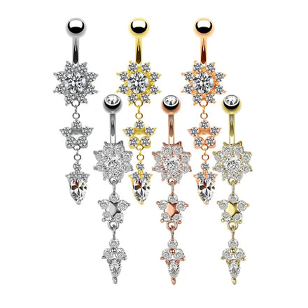 316L Stainless Steel Gold Plated Belly Piercing Rings Dangle CZ Zircon Flower Belly Rings Water Droplets Button Ring