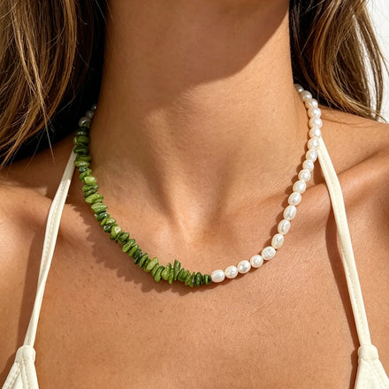 Vintage Green Shell Beaded Patchwork Natural Freshwater Pearl Choker Necklace for Women Handmade Jewelry