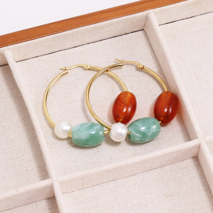 Maiou Trendy New Arrival Original Design 18K Gold Plated Resin Big Beads and Stainless Steel Hoop Earrings for Women Jewelry