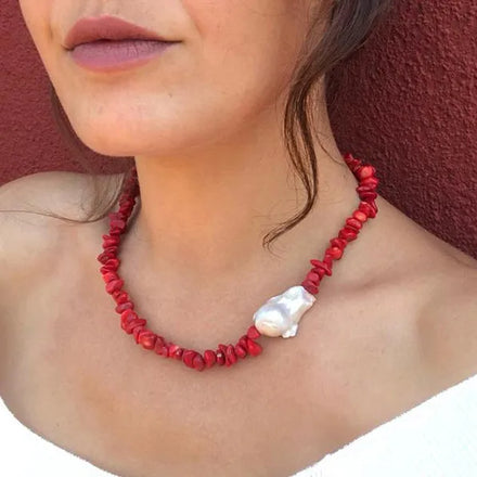 Handmade Boho Pearl Natural Red Beaded Choker Necklace Jewelry for Women