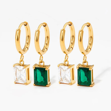 Hot Sale Minimalist Stainless Steel 18K Gold Plated Square Zircon Diamond Emerald Charm Huggie Earrings for Women
