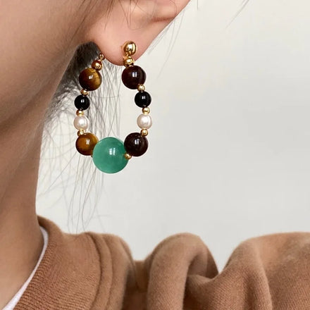 Maiou 2026 New Arrival Designer Gold Natural Stone Tiger Eyes Stone and Green Cat Eyes Beaded Hoop Earrings for Women Jewelry