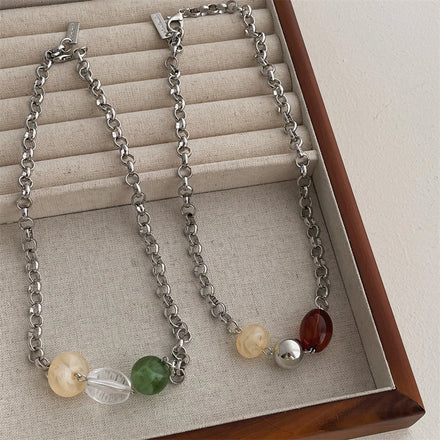 Maiou Designer Fold Wear Waterproof Stainless Steel Amber and Green Resin Beads Chunky Chain Necklace for Women Girls Jewelry