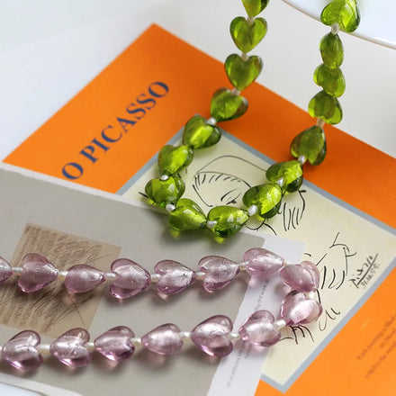 Maiou Handmade Boho Trendy Vintage Pearl Coloured Glaze Green and Purple Glass Heart Beaded Necklace Jewelry for Women