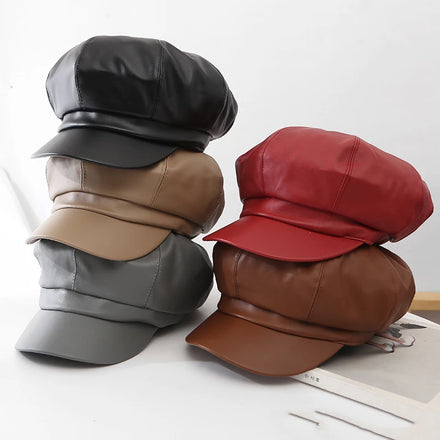 Pu Leather Vintage Elegant Autumn Solid Color French Retro Women Fashion Street Artist Newsboy Girls Hat Beret Cap