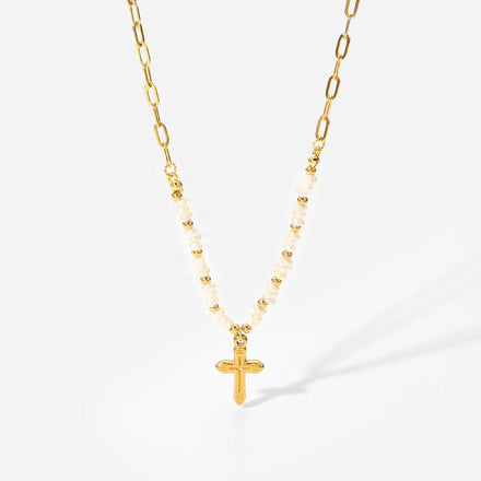 Stainless Steel 18K Gold Plated Cross Pearl Patchwork Link Chain Necklace for Women-Wedding Engagement Gift