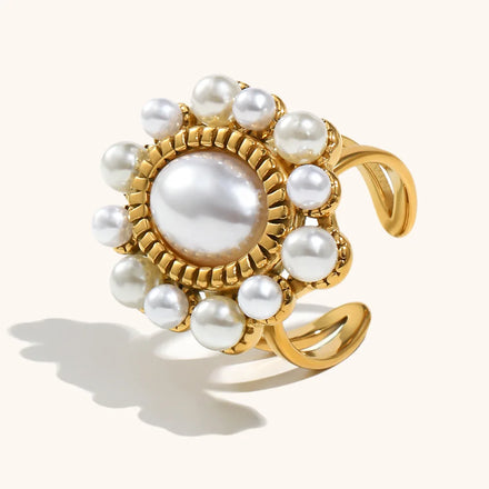 Maiou Elegant Trendy Waterproof Opening Adjustable Stainless Steel 18K Gold Plated Flower Pearl Ring for Jewelry