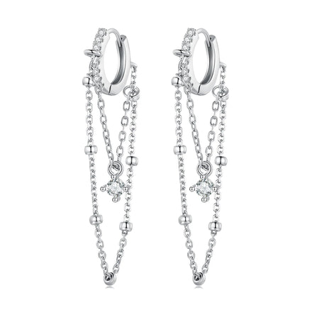 925 Sterling Silver Double-Layer Long Tassel Drop Earrings with Zircon Pendant Exquisite Women's Jewelry Gift-BSE789